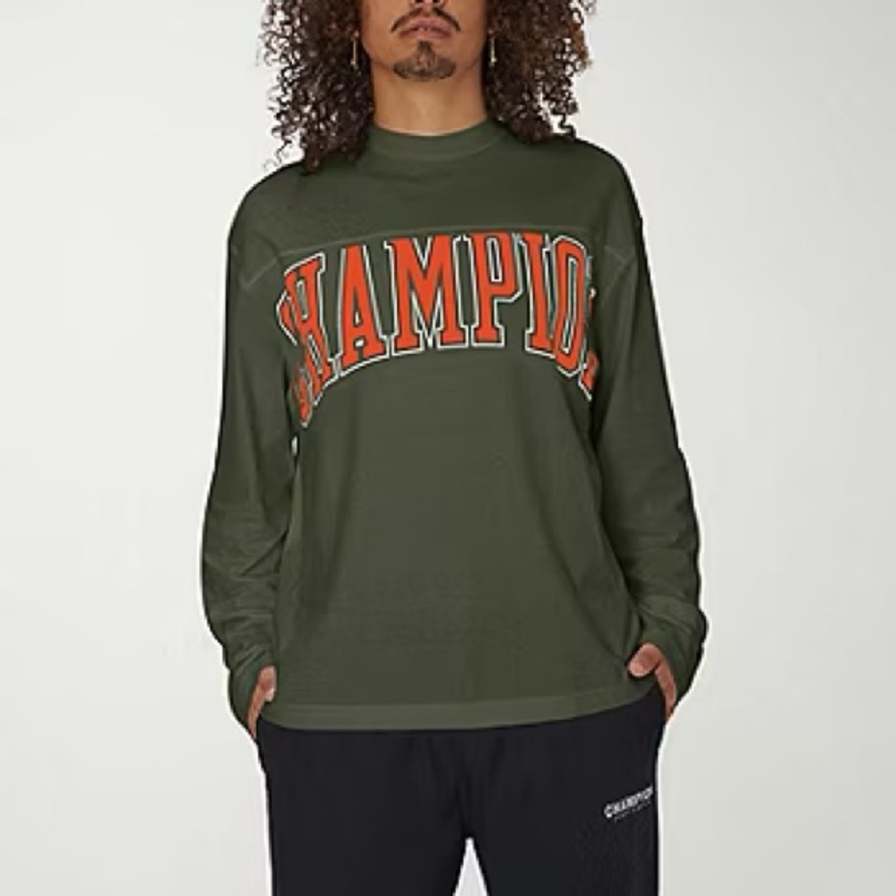 Champion Long Sleeve Graphic Tee in Ground Green and Orange NWT Large